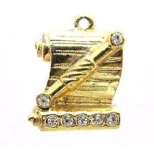 Vintage Gold Plated Clear Rhinestone Scroll Diploma Charm Necklace Pendant